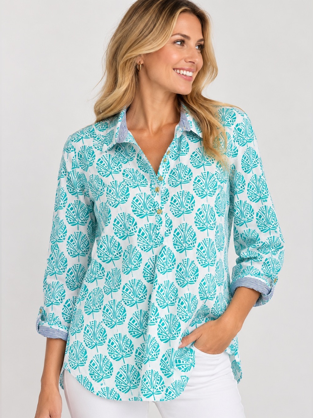 315. Liza Byrd Aqua Leaf-Print Buttoned Tunic